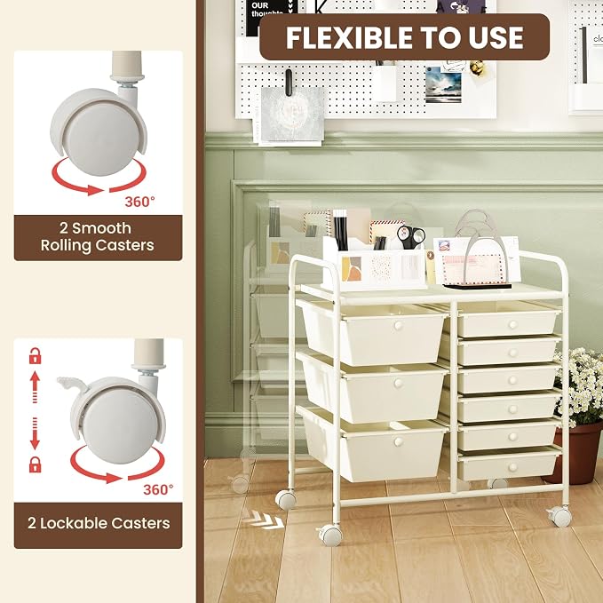 Moccha 9-Drawer Rolling Storage Cart - Under Desk Storage Drawers with wheels for Craft Art Supply Paper Salon, Scrapbook Paper Tools, Mobile Utility Cart for Classroom, White