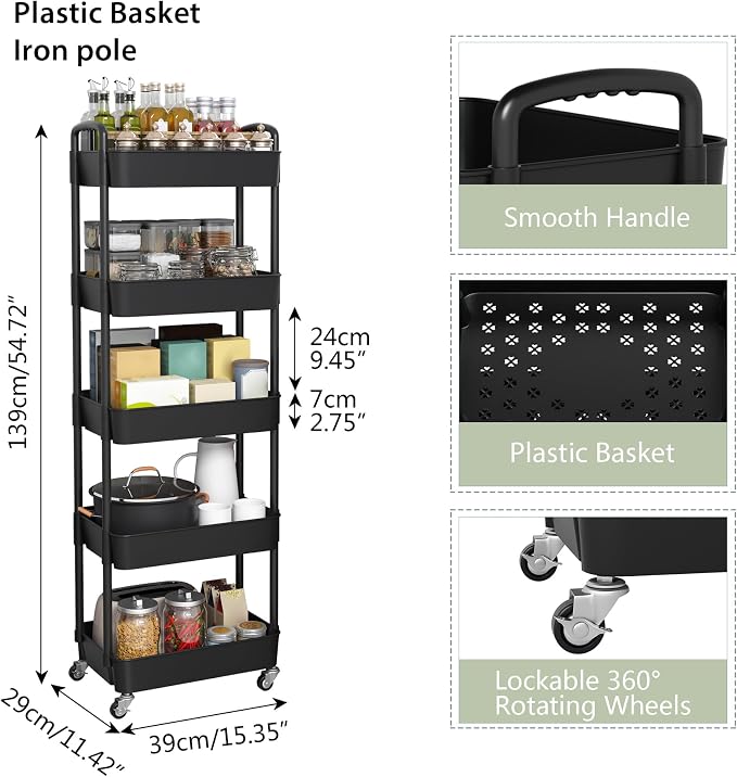 Sywhitta 5-Tier Plastic Rolling Utility Cart with Handle, Multi-Functional Storage Trolley for Office, Living Room, Kitchen, Movable Storage Organizer with Wheels, Black