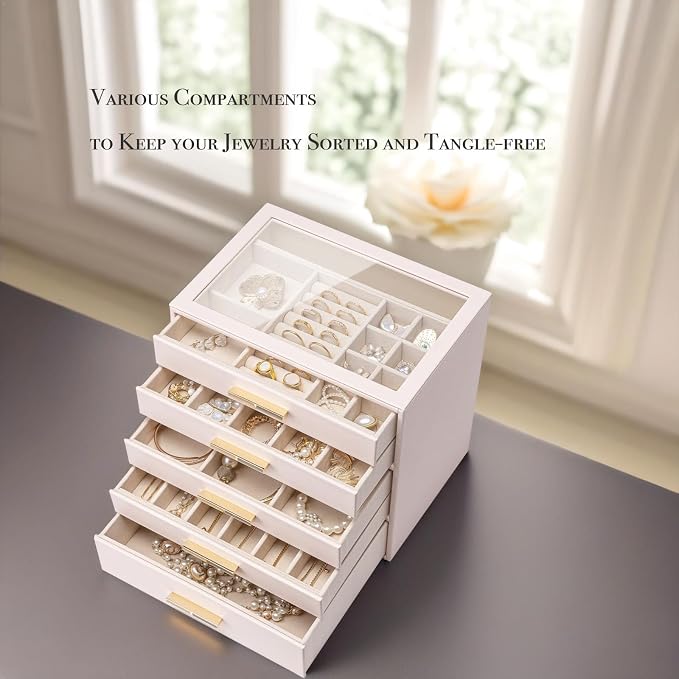 VLANDO 5-Drawer Jewelry Box with Glass Lid, Faux Leather Organizer for Rings Earrings Necklaces and More, Gift-Ready Jewelry Case for Women Girls or Moms, Pink Beige