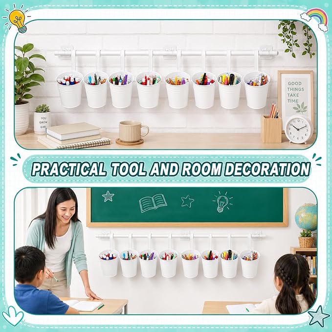 8 PCS White Metal Pencil Holder with Pipes Back to School Hanging Iron Small Pails Stationery Crayon Organizer First Day of School White Buckets Classroom Pencil Holder for Students Crafts Party Favor
