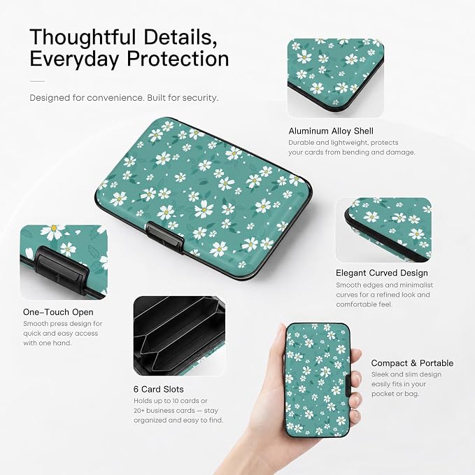 Credit Card Holder RFID Aluminum card case Daisy mini Wallet Women Men | ABS Business ID Case,Hard Case Large Capacity 6 Slots, Waterproof Durable ，Secure Closure Slim Small Credit Card Protector