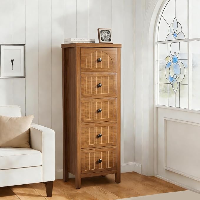 Lxsxlome 5 Drawer Dresser for Bedroom,Modern 44.68'' Tall Wood Chest of Drawers, Storage Organizer with Fluted Panel & Anti-Tip Kit for Closet, Hallway, Living Room,Nursery (Walnut, 5 Drawers)