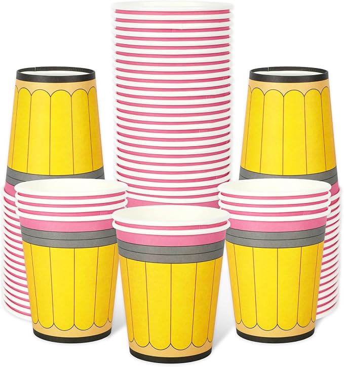Whaline 50Pcs Back to School Paper Cups 9 Oz Yellow Pencil Design Disposable Cups for Coffee Tea Snacks Classroom First Day of School Party Supplies