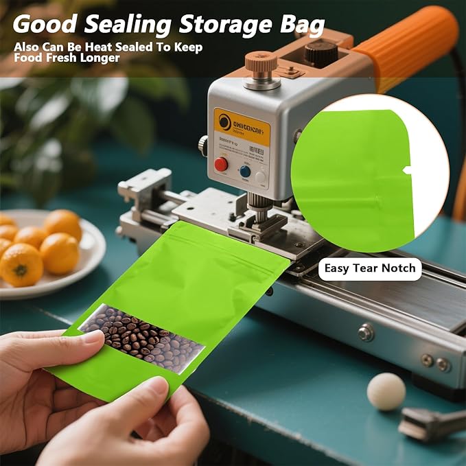 100PCS Foil Pouch Mylar Bags with Clear Window,ULIFESTAR Stand Up Sealable Bags with Tear Notches,Resealable for Food,Party Favors,Gift Packaging and Small Business(14 * 20cm/5.51 * 7.87",Green)