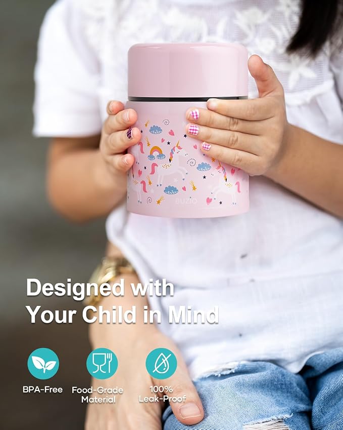 BUZIO Kids Food Jar for Hot Food, 10 oz Insulated Lunch Containers Vacuum Insulated Soup Container, Leak Proof Food Jar with Folding Spoon for School Office Travel, Unicorn
