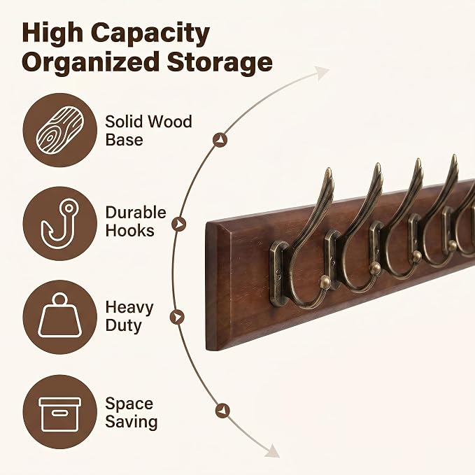 Wall Mounted Coat Rack with Solid Wood, 6 Bronze Metal Hooks – 23.22 Inch Rustic Brown Entryway Organizer for Hanging Coats, Hats, Jackets, Scarves, Bags, for Hallway, Bedroom, Bathroom（6Hooks）