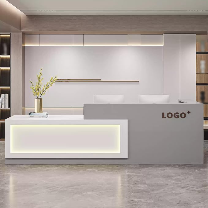 Modern Reception Desk with Counter, Front Desk Reception Counter with Lockable Drawer, Keyboard Tray & Storage Cabinet, Solid Wood Receptionist Table for Salon Office Lobby (G - Left, L 2m/78in)