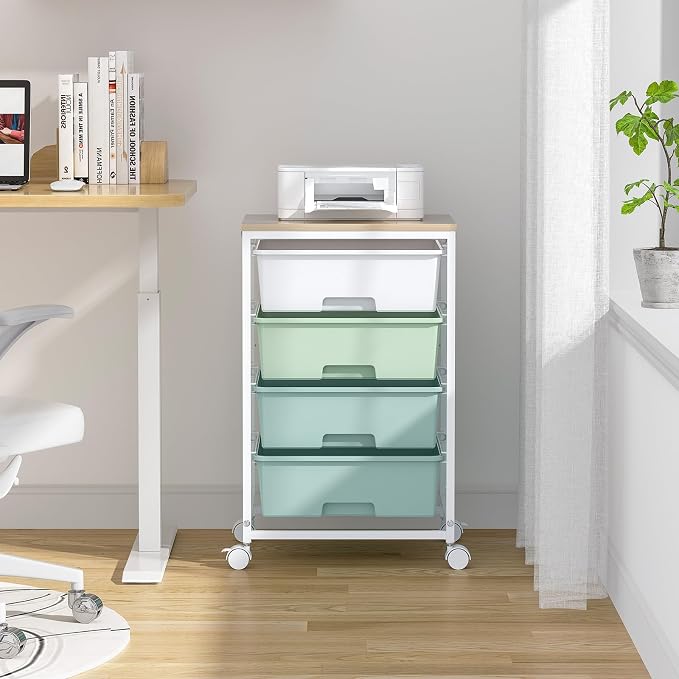 SYKIARIOL Utility Cart with 4 Drawers,Rolling Storage Cart with Drawers,Storage Rolling Drawer Cart with Wooden Tabletop for Bedroom,Kid's Room,Dorm,Classroom,Office,Green