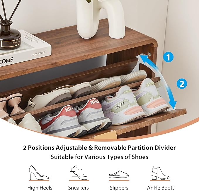 RARZOE Set of 2 Fluted Shoe Storage Cabinets for Entryway, Walnut | Narrow Curved Shoe Storage Cabinet with 2 Flip Drawers, Slim Shoe Rack Organizer for Foyer, Hallway, Fits Size 11 Shoes