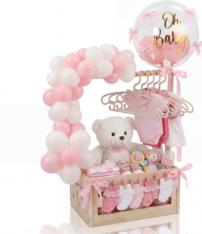 Wooden Baby Shower Crate Closet with Hanger Rack, Pink Bow Baby Gifts Basket with Balloon Accessories, DIY Babies Welcome Box for Pregnancy New Parent