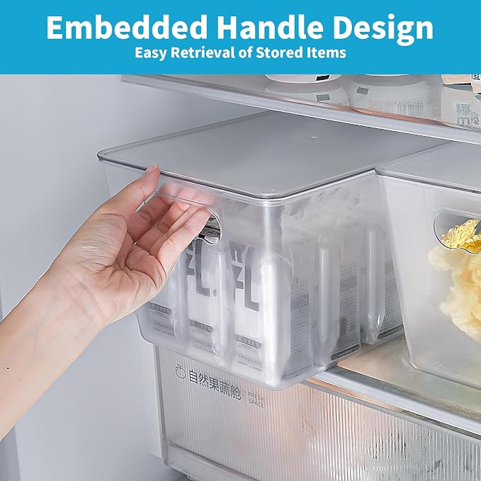 Clear Fridge Organizer with Handles & Lids, 6 Pack Large 11.5×7.5×6 Inch | Stackable Clear storage bins with handles, food organizer basket for kitchen, fridge, freezer