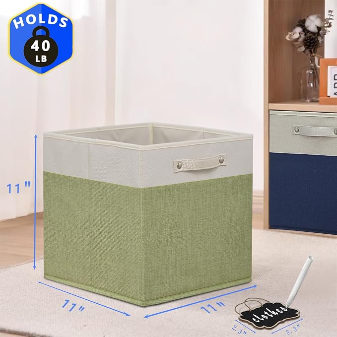 15x13x13 inch cube storage bin,Collapsible Fabric Storage Cubes with Labels 4 Pack,Linen Cube Storage Organizer Bins with Cotton Handles for Home,Nursery,Clothes,Shelves and Closet(White green).