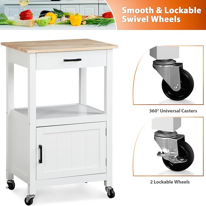 Nova Microdermabrasion Kitchen Island Cart on Wheels, Rolling Kitchen Cart with Single Door Cabinet, Mobile Small Coffee Cart Microwave Oven Cart Serving Cart for Dining Room, White