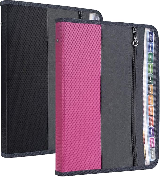 NAFY Expanding File Folders, 2Pack 13 Pockets Document Organizer with Zipper, A4 Letter Size Portable Accordion Expanding File Folders with Multicolor Labels for Office School Supplies (Black+Pink)