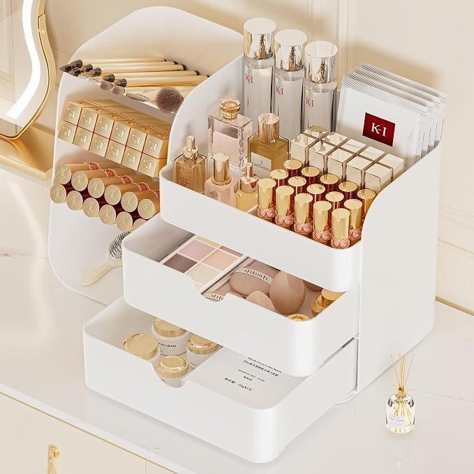 Booklov Small Makeup Organizer for Vanity Countertop, White | Plastic Cosmetic Display Case with Drawers, Beauty Brush Holder for Bathroom Counter, Skin Care Perfumes Storage
