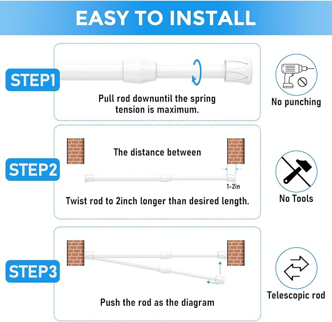 2 Pack Small Tension Rod 12 to 19 Inch Adjustable Tension Curtain Rod Mini Closet Spring Rod No Drilling Short Tension Rods for Windows, Cupboard, Kitchen Cabinets, White