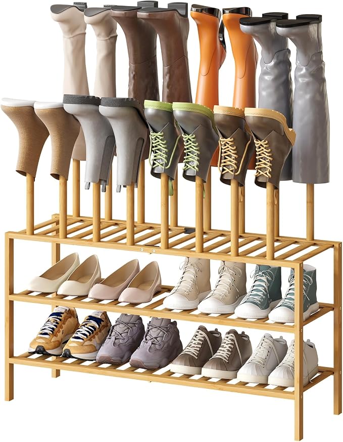 kiplant Tall Boot Rack Organizer - 8 Pair Boot Rack Bamboo Wood Shoe Rack for Entryway & Closet, Holds Tall Boots