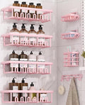 8 Pack Adhesive Rustproof Shower Caddy with Soap Dishes, Toothbrush Holder & Hooks, Large Capacity No-Drilling Shower Shelves Rack for Bathroom Organizers and Storage Accessories, Pink