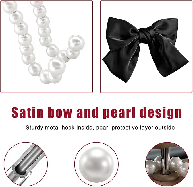 2 PCS Bow Pearl Car Seat Headrest Hook, Car Seatback Hanging Organizer Elegant Pearl Purse Hanger, Cute Bow Vehicle Interior Headrest Storage Hook for Handbag Purse Coat (Black)