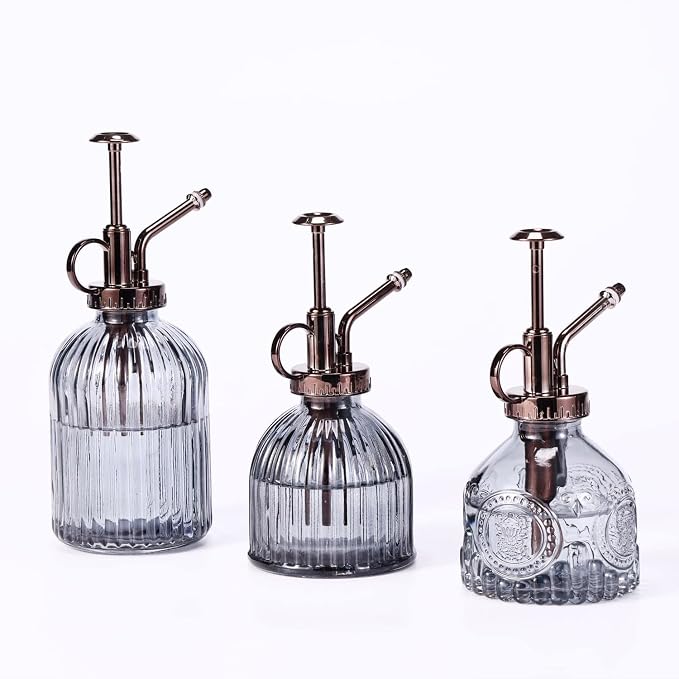 Glass Plant Mister - 6.5" Green Glass Water Spray Bottle with Gold Top Pump, Small Plant Sprayer for Indoor/Outdoor House Plants (Gray+Bronze)
