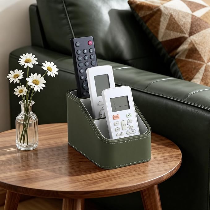 3 Compartments PU Leather Remote Control Holder, TV Remote Holder for Couch | Small Pen Desk Organizer for Office Bedside Living Room, Remote Caddy Nightstand Organizer