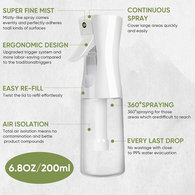 Continuous Spray Bottles, Ultra Fine Mist Sprayer, Spray Bottle For Hairstyling, Cleaning, Plants, Pets, Barbers, Salons (White)