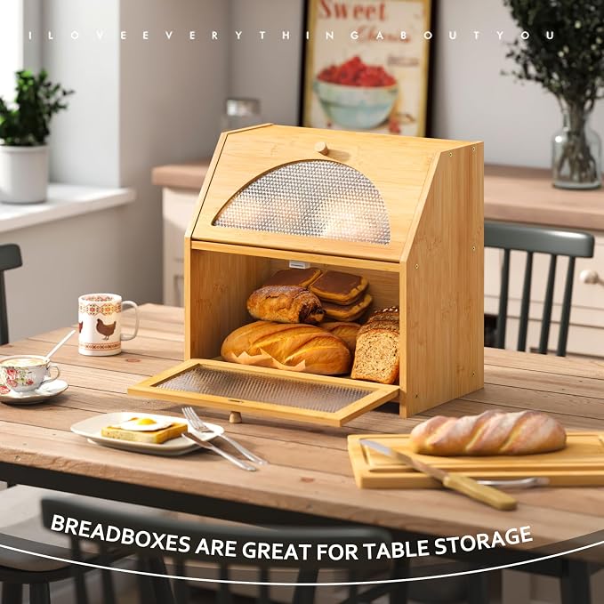 STDDRE Bamboo Bread Box with Cutting Board, Double Layer Extra Large Bread Storage Bin with Door Panel for Kitchen Counter (Natural)