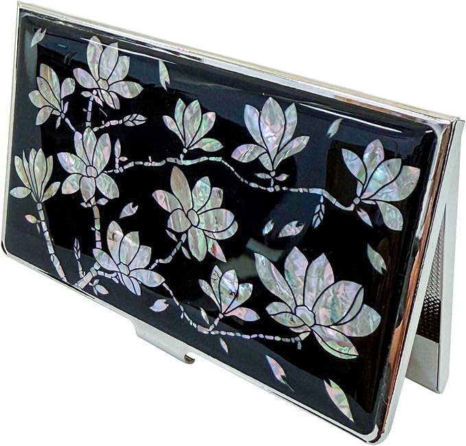 Mother of Pearl Business Card Case Credit Id Name Holder Travel Wallet Art Painting Design Metal Stainless Steel Engraved Slim Purse Pocket Cash Money Wallet (N_Magnolia)