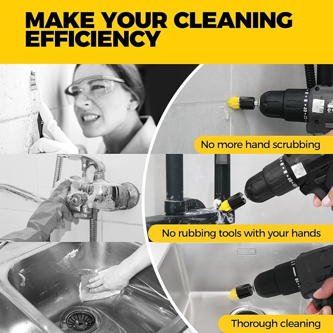 Holikme 9Pack Drill Brush Attachments Set，Power Scrubber Kit for Clean | 8 nylon scrub brushes,1 extend long attachment, tile, tub, shower, floors, kitchen and auto interior care,yellow