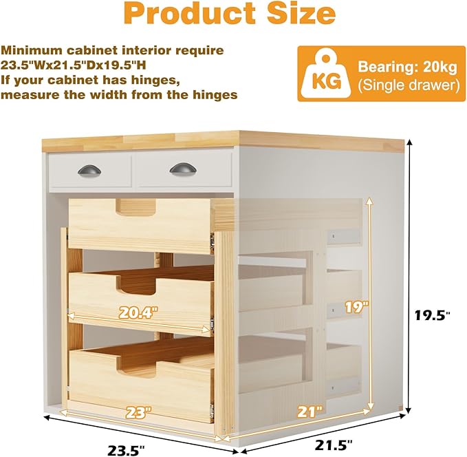 Pull Out Cabinet Organizer, 23''W×21''D Sliding Drawers for Cabinets, 3 Tier Soft Close Slide Out Wooden Pull out Drawers, Base Cabinet Organization for Kitchen, Pantry, Bathroom