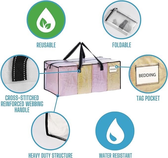 VENO 6 Pack Heavy Duty Moving Bags, Christmas Storage Bins with Lids, Clear Design, Alternative to Moving Boxes, Storage Bags for Clothes, Blankets, Comforters, Pillows, Camping (Clear, 6 Pack)