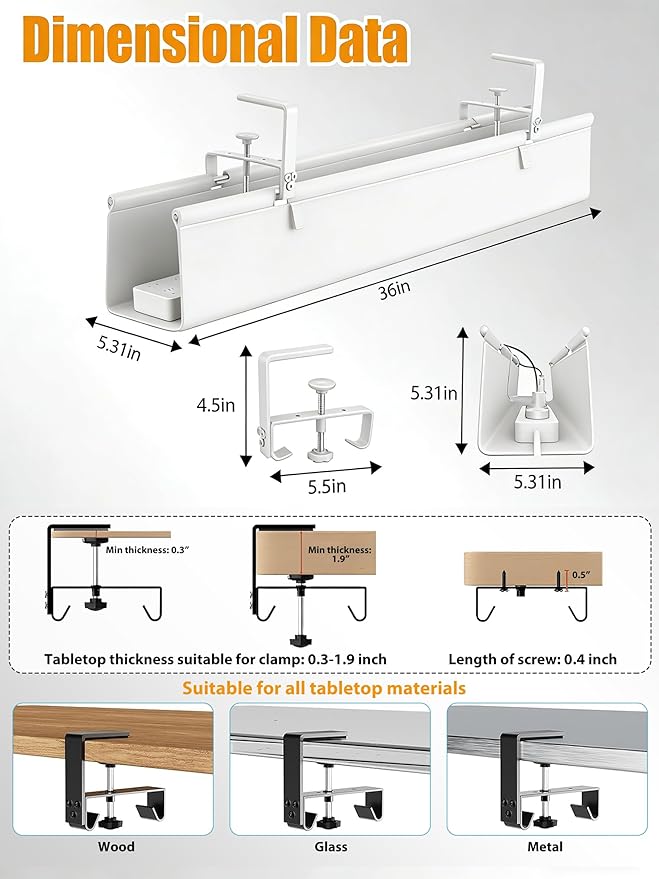 Oxford Cloth Under Desk Cable Management Tray,No-Drill 36" Desk Cable Management Organizer with Clip/Screw Installation,Fabric Cable Management for Home,Office & Gaming Computer(White)
