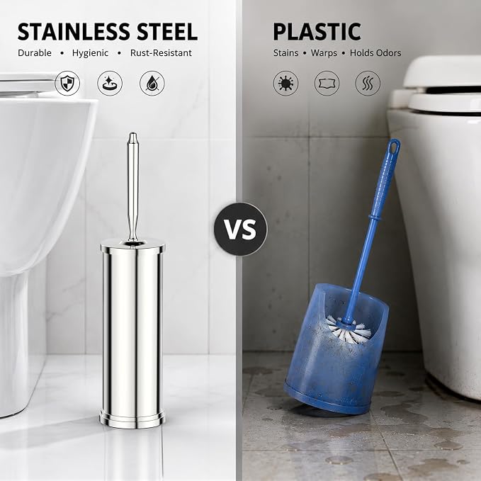 Stainless Steel Toilet Brush and Holder Set : Weighted Stable Base, Removable Inner Tube.Long Handle Toilet Bowl Brush Splash-Proof Design for Deep Cleaning & Space-Saving Storage,Chrome