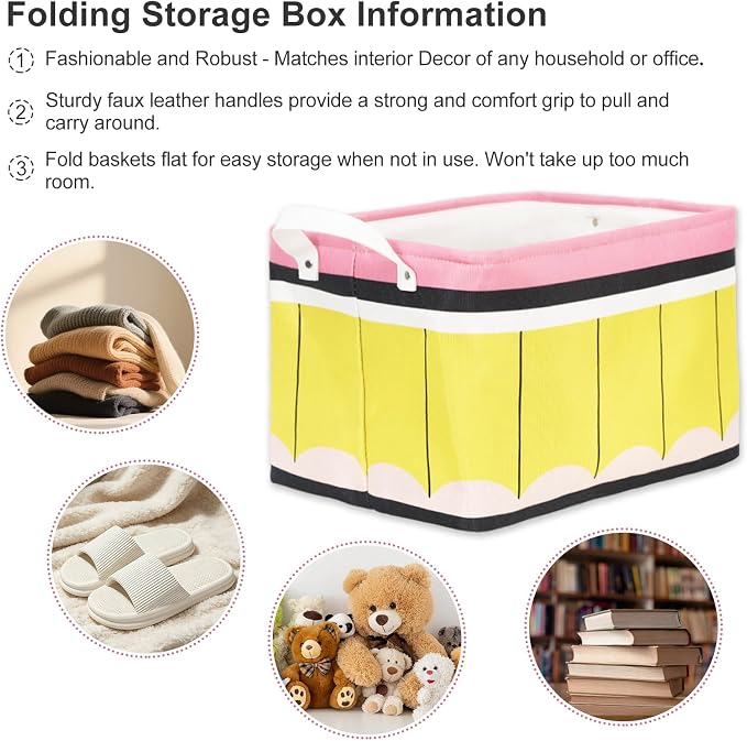 FYSUIMU Back to School Rectangle Collapsible Storage Basket Pencil Open Toy Organizer Bag with Handle 15 x 10.2 x 9.4 Inch Large Laundry Dirty Cloth Storage Bin for Books Bedroom Closet