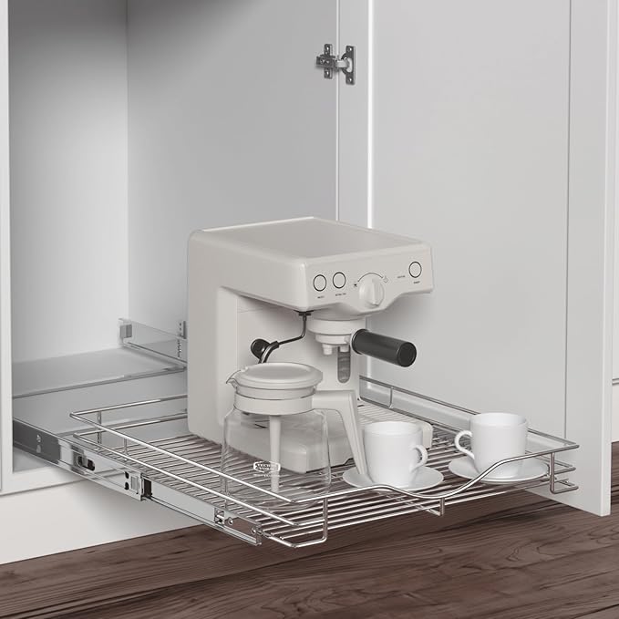 DINDON Pull Out Cabinet Organizer (14" W x 21" D), Pull Out Drawers for Kitchen Cabinets, Cabinet Pull Out Organizer 1 Tier Heavy-Duty Slide Out Shelf Wire Basket for Base Cabinet, Chrome