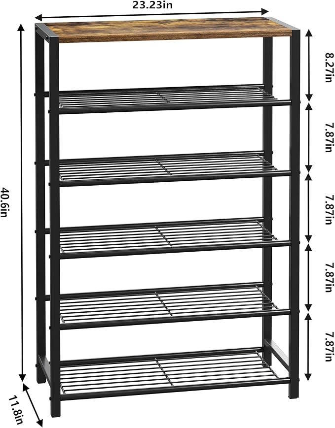 Yusong Shoe Rack Organizer, 6 Tier Industrial Shoe Storage Shelf, Narrow Sturdy Metal Shoe Shelves for Closet Entryway, Rustic Brown