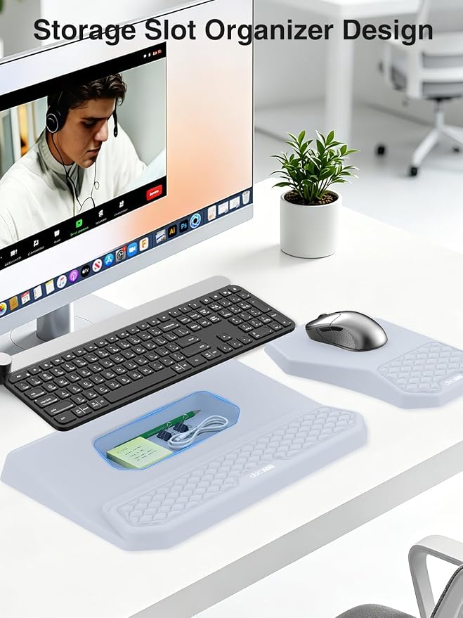 Ergonomic Wrist Rest with Keyboard Stand and Mouse Pad for Easy Typing | Keyboard Holder with Storage Slot, Mousepad for Carpal Tunnel Pain Relief with Massage Bulge and Slow Rebound Memory Foam