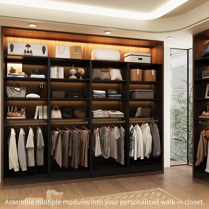 VOWNER 25'' Closet Organizer System Small Freestanding Closet System | 3 Adjustable Shelves, 1 Hanging Rod, Black Modular Closet System for Small Closet, Space-Saving, Easy Assembly