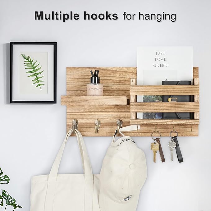 Lwenki Mail Organizer for Wall Mount – Key Holder with Shelf Includes Letter Holder and Hooks for Coats, Dog Leashes – Rustic Wood with Flush Mounting Hardware (16.5” x 8.7” x 3.5”) (Wood)
