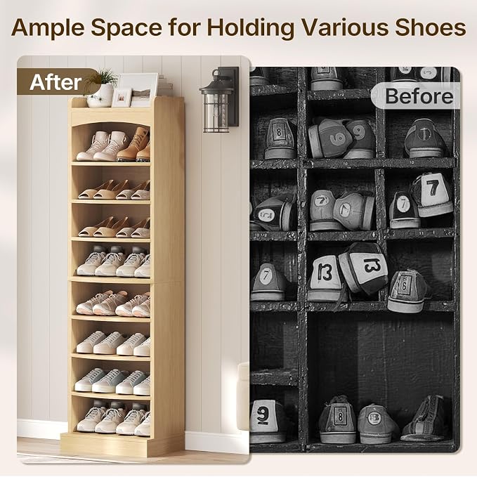YATINEY 9-Tier Tall Shoe Rack, Wooden Shoe Storage Organizer, Narrow Shoe Cabinet with Removable Shelves for Small Spaces, Holds 18 Pairs of Shoes, for Entrance, Hallway, Natural SS22NL