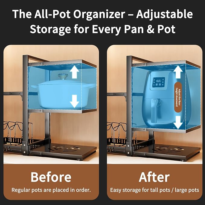 PureBox Pots and Pans Organizer Rack with Lid Holder – 8 pots, Solid Steel Shelves Heavy Duty Adjustable Under Cabinet Pot Rack, Double-Sided Cabinet Organizer, Black