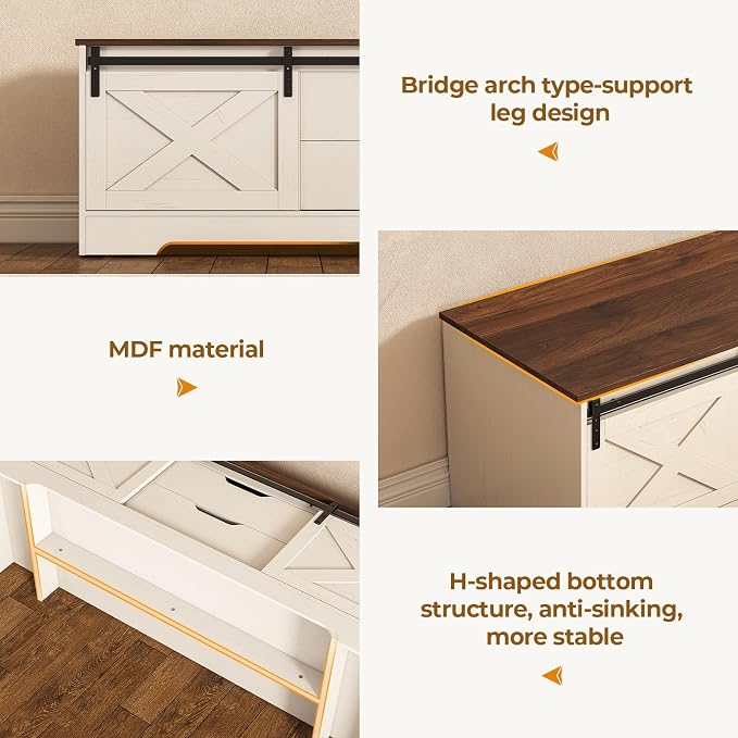 UPOSOJA 60“ Farmhouse Storage Bench with Cushion, Shoe Rack with Slide Barn Doors, Adjustable Shelf and 2 Drawer for Entry, Bedroom, Closet, Living Room, Hallway (White Brown, 60 in)