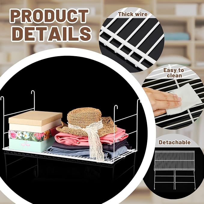 Amylove 4 Pieces 24 Inch Hanging Closet Shelves White Wire Hanging Shelf Universal Long Wire Shelf Basket Closet Organizers and Storage for Clothing Sweaters Shoes Handbags Clutches Accessories