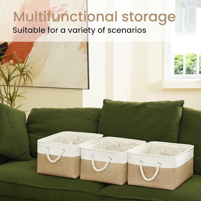 Large Storage Baskets- 15.7x11.8x8.26 inch Storage Bins for Shelves and Closet Organizing, Foldable Fabric Bin for Home Organization Clothes and Laundry (3-Pack, White&Khaki)
