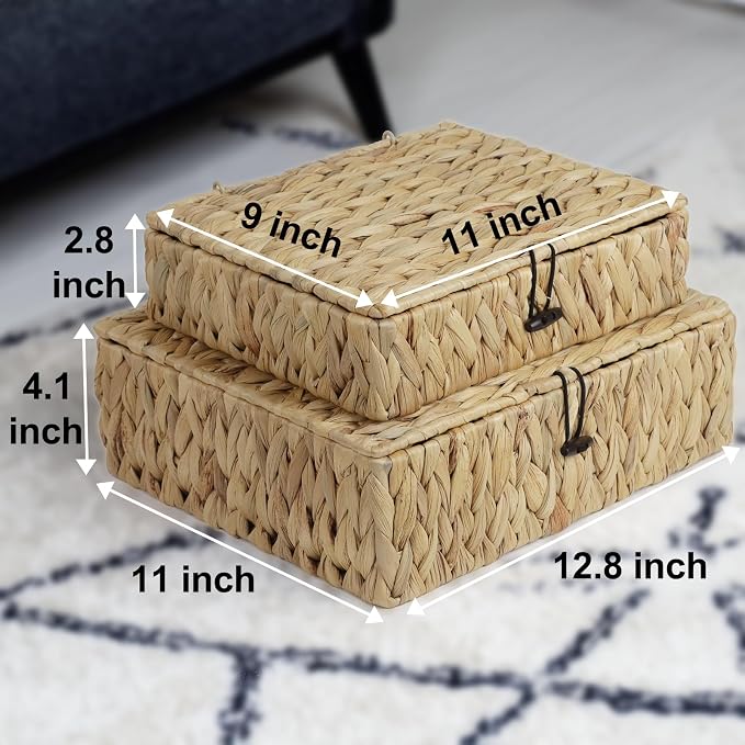 Wicker Basket with Lid, Set of 2 Decorative Storage Baskets Bins Boxes, Water Hyacinth Woven Basket for Storage, Flat Shelf Baskets for Organizing Home Decor