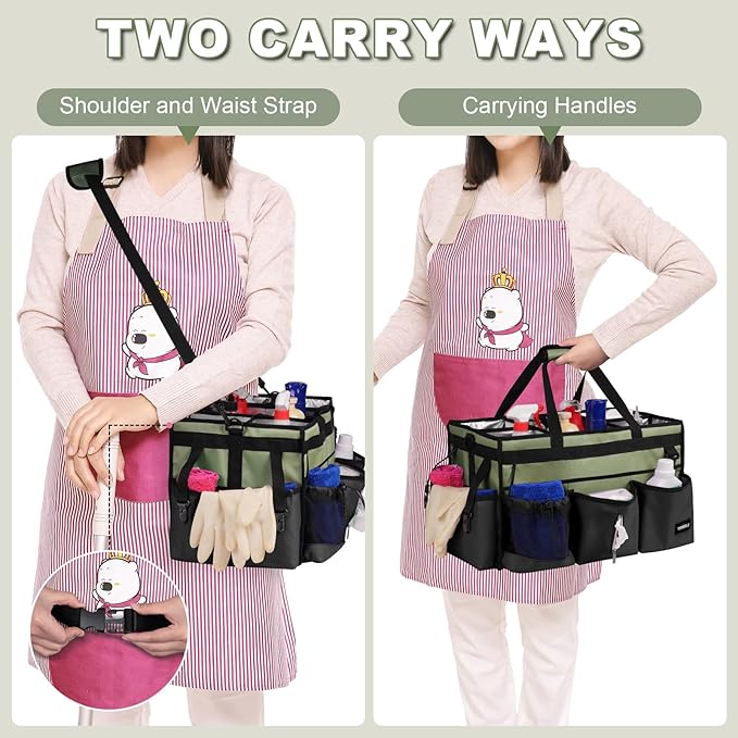 Extra Large Cleaning Caddy Bag with Built-In Support Board, Cleaning Tote Organizer with Removable Divider, Supply Carryall with Adjustable Shoulder Strap and Waist Belt for Cleaners & Housekeeper