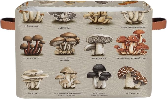 Rectangular Storage Bins Colorful Mushroom Illustration Collapsible Fabric Storage Basket Organizer with Handles for Nursery Bedroom Bathroom