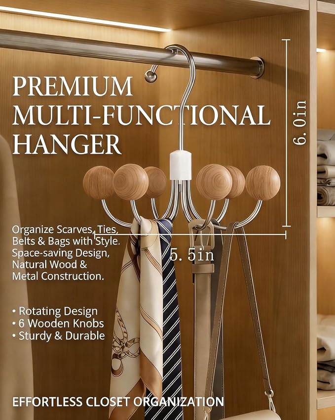 4 Pack Hoodie Hangers 360° Swivel Hooks with Wood Balls, Natural Wood | Hanging Closet Hat Purse Tanktop Handbag Necklace Organizer Bra Hanger and Storage Save Space