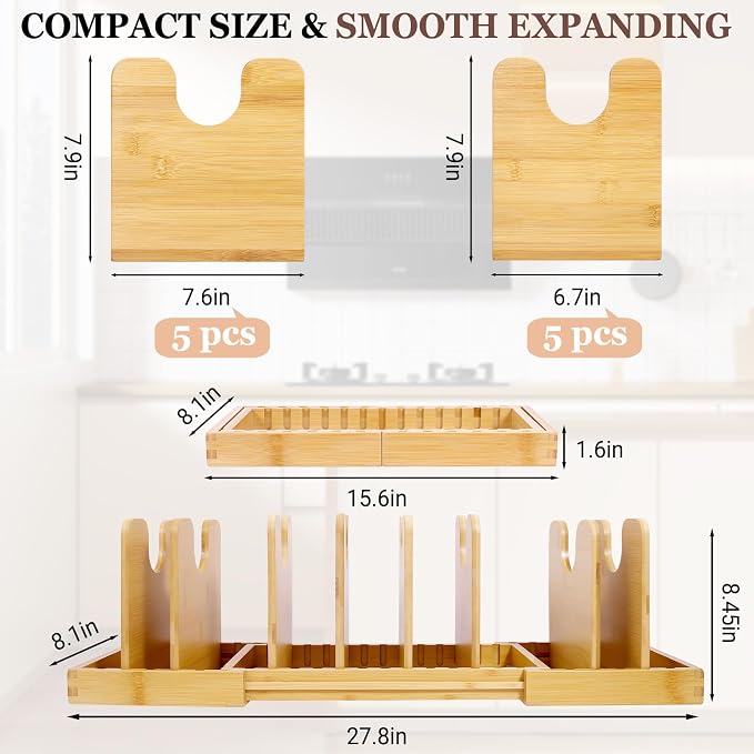 Bamboo Expandable Pot Lid Organizer, Pots and Pans Holder Rack for Cabinet | 8pcs Removable Dividers, Customized Storage, Space-saving, FSC-certified Bamboo, No Assembly