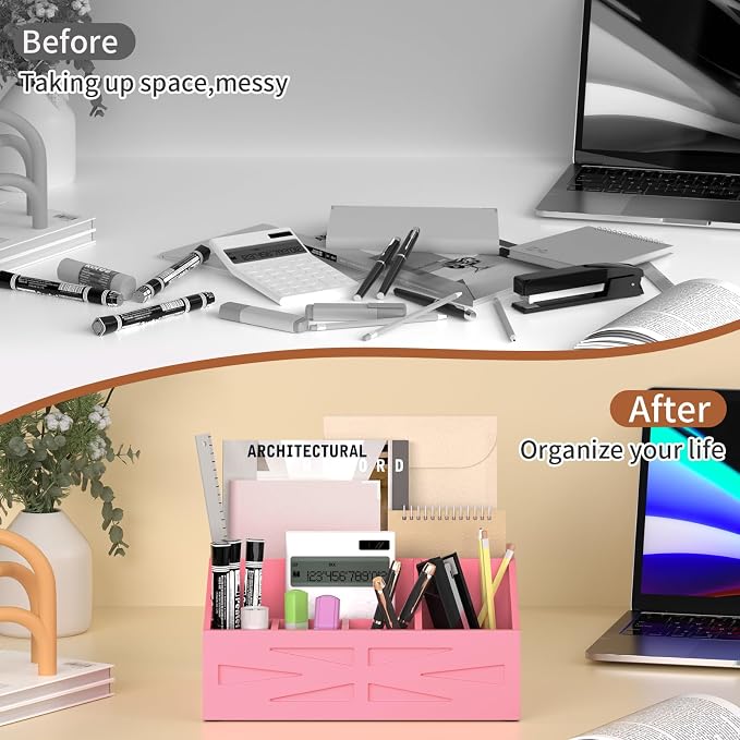 Wood Mail Organizer Countertop,Farmhouse Desk and Kitchen Countertop Storage, Letter Sorter, Desk Mail and Bill Organizer, Desktop File and Paper Holder (Pink)